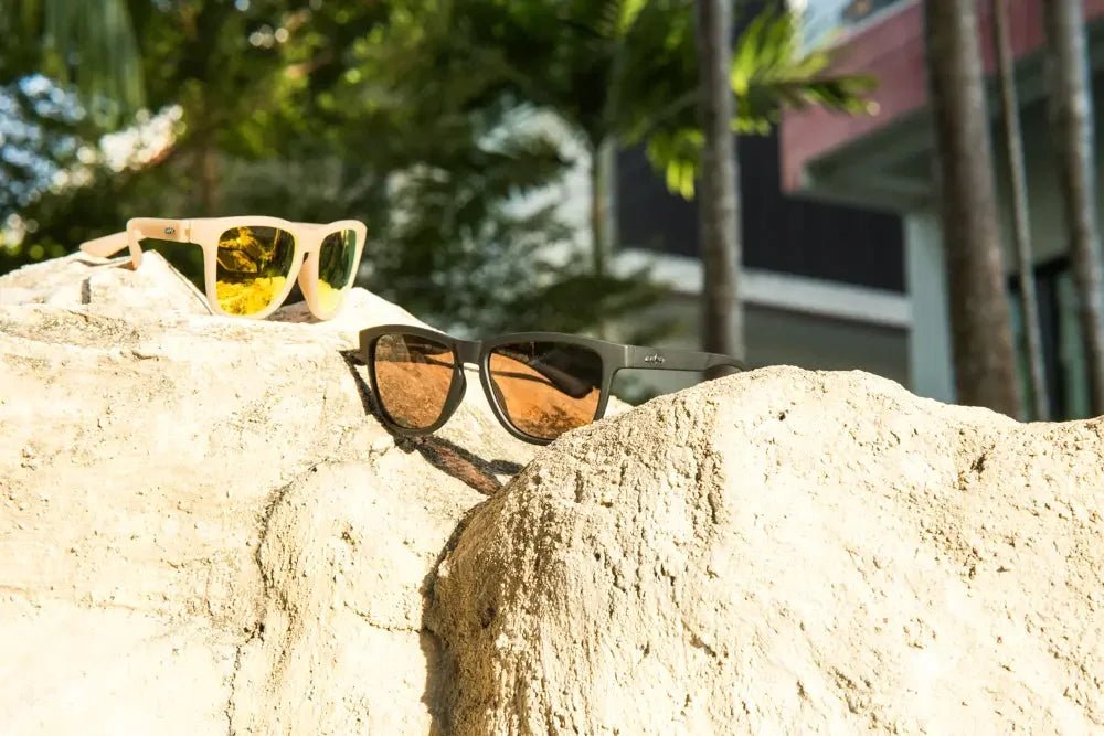 Two pairs of polarized sunglasses on sunlit rock, outdoor tropical setting