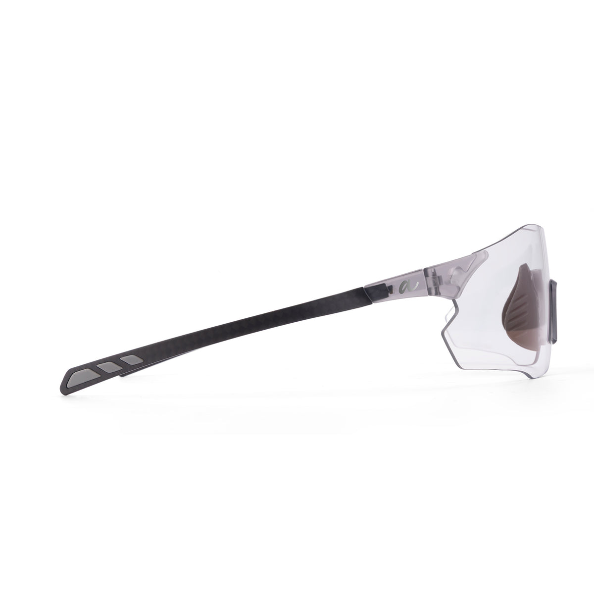 Side profile of Oakley sunglasses with a black temple arm, clear acetate frame, and dark tinted lenses, shown on a white background.