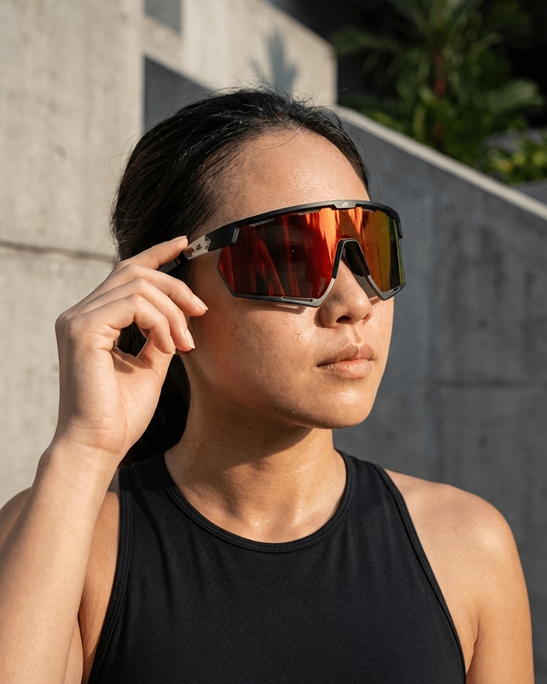 Woman wearing reflective sunglasses outdoors against a building and plant background