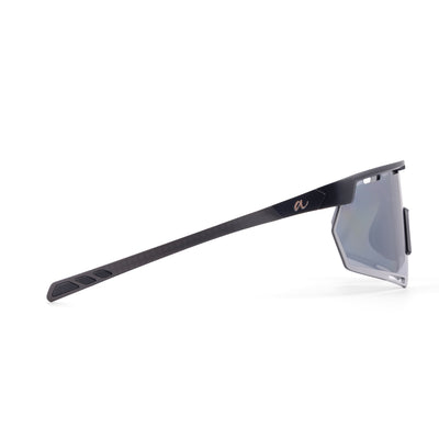 Side profile of a pair of sport sunglasses with a matte black frame and a tinted gray lens, shown on a clean white background.