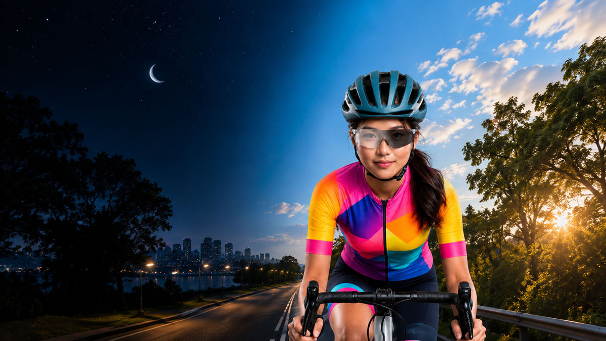 Lady wearing 67 Shades of Grey photochromic sunglasses from night to day - Aura Shades Singapore