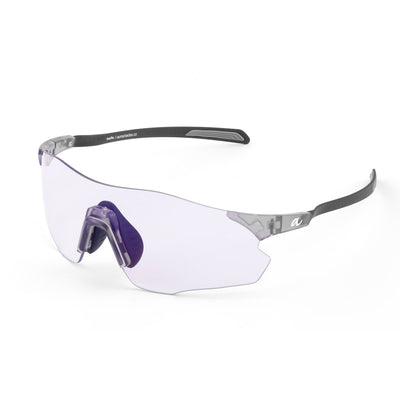 Sport sunglasses with a clear wraparound lens, a purple nose pad, and a gray and black frame, shown on a white background.