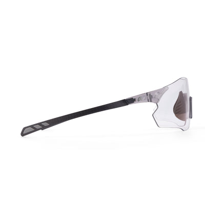Side profile of Oakley sunglasses with a black temple arm, clear acetate frame, and dark tinted lenses, shown on a white background.